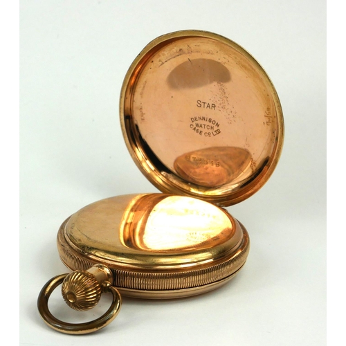 204 - AN EARLY 20TH CENTURY GOLD PLATED FULL HUNTER GENT’S POCKET WATCH
Having a white tone dial with Roma... 