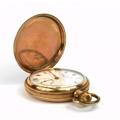 204 - AN EARLY 20TH CENTURY GOLD PLATED FULL HUNTER GENT’S POCKET WATCH
Having a white tone dial with Roma... 