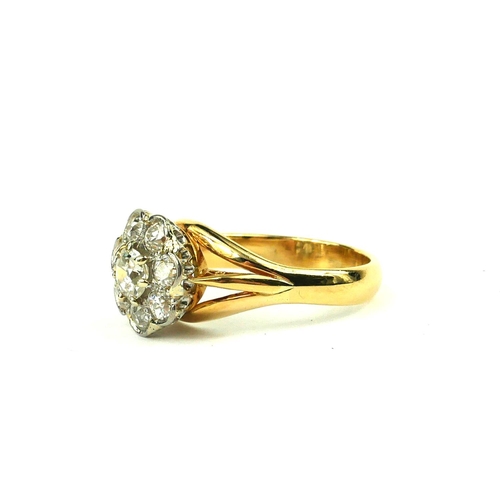 212 - A VINTAGE YELLOW METAL AND DIAMOND CLUSTER RING
Having an arrangement of round cut diamonds in a pie... 