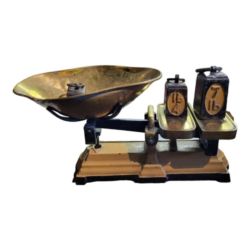 309A - BUSH AND HALL, LATE VICTORIAN CAST IRON, BRASS AND COPPER KITCHEN SCALES
With six original cast iron... 