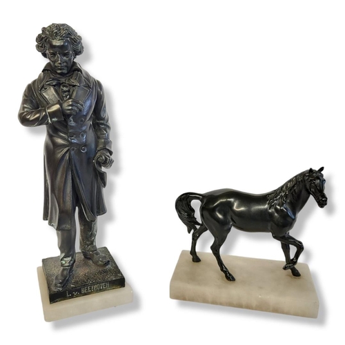 338 - A MID 20TH CENTURY CONTINENTAL SPELTER BRONZED FIGURE, LUDWIG VON BEETHOVEN
Raised on square alabast... 