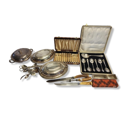 303A - A COLLECTION OF VINTAGE SILVER PLATE, FLATWARE AND SERVING DISHES 
To include three Elkington Plate ... 