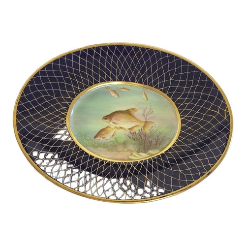 354 - SPODE, ‘BREAN’, A BONE CHINA OVAL CABINET DISH
Painted with lake fish, Circa 1900 - 1920, cobalt blu... 