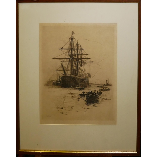 452 - WILLIAM LIONEL WYLLIE, 1851 - 1931, BLACK AND WHITE MARINE ETCHING
Tall ship with rowing boats in a ... 