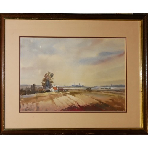 448 - JOHN SNELLING, FRSA, B. 1943, WATERCOLOUR
Landscape on estuary, framed and glazed.

Condition: good