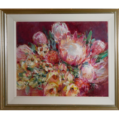 442 - MARION CASTLE, OIL ON BOARD 
Still life, an arrangement of pink and white flowers, signed lower left... 