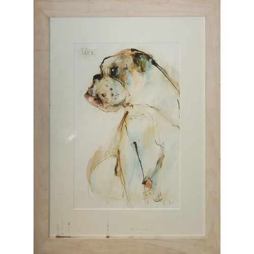 432 - TWO VALERIE DAVIDE, 1938 - 2017, WATERCOLOURS 
Signed, Bulldog and duck. 
(w 60cm x h 78cm)
 
Condit... 