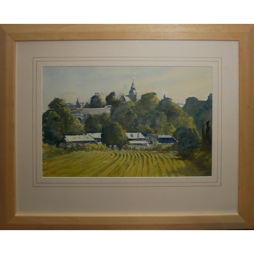 423 - BERT WRIGHT, RSMA, BRITISH, B. 1930, WATERCOLOUR 
Landscape, an urban farm, signed, framed and glaze... 