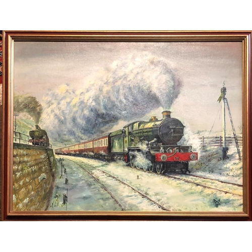 414 - BRIAN J. COLLINGS, B. 1939, OIL ON BOARD
Portrait of the steam train Carew Castle, dated 1977, frame... 