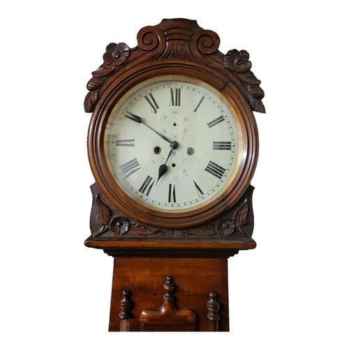 570 - A 19TH CENTURY MAHOGANY EIGHT DAY LONGCASE CLOCK
With painted dial, secondary dials on square taperi... 