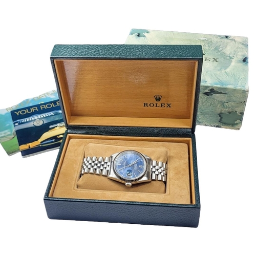 259 - ROLEX, OYSTER DATEJUST, A GENT’S STAINLESS STEEL WRISTWATCH
Having a blue dial with calendar window ... 