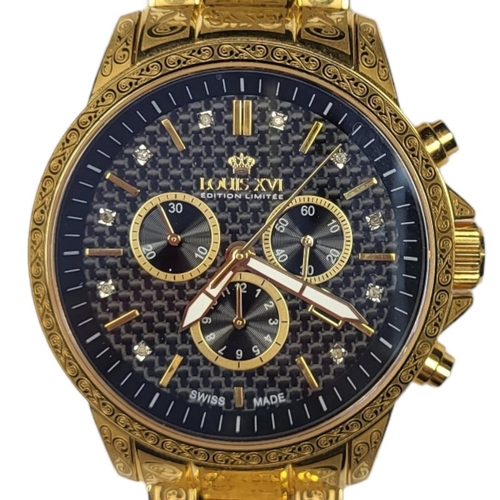 273 - LOUIS XVI, A GOLD PLATED CHRONOGRAPH GENT’S WRISTWATCH
The circular blue dial with three subsidiary ... 