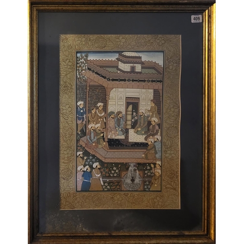 409 - A PERSIAN WATERCOLOUR, LANDSCAPE, TRADITIONAL SCENE, FIGURES IN PERIOD ATTIRE
Framed and glazed.
(Im... 