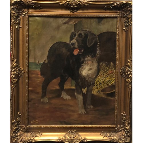 461 - A. KEANE, 1882, OIL ON CANVAS LAID TO BOARD
Portrait of a hound, signed, gilt framed.
(52cm x 63cm i... 