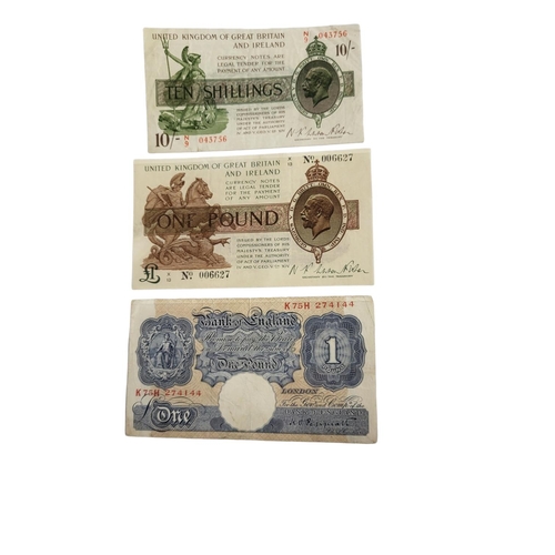 292 - A COLLECTION OF BRITISH TEN SHILLING AND ONE POUND BANKNOTES
To include a forged ten Shilling note, ... 