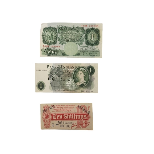 292 - A COLLECTION OF BRITISH TEN SHILLING AND ONE POUND BANKNOTES
To include a forged ten Shilling note, ... 