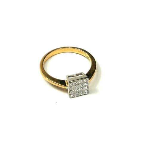 211A - AN 18CT GOLD AND SQUARE CUT DIAMOND CLUSTER RING.
(UK ring size M½, gross weight 3.6g)