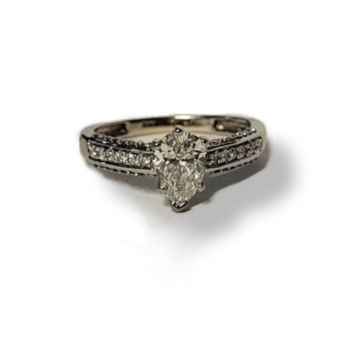 217A - AN 18CT WHITE GOLD AND DIAMOND RING
Having a pear cut diamond to centre flanked by diamond set shoul... 