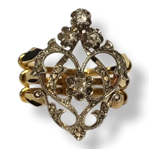 230A - A FRENCH 18CT GOLD AND DIAMOND RING
Having an arrangement of round cut diamonds in a scrolled pierce... 