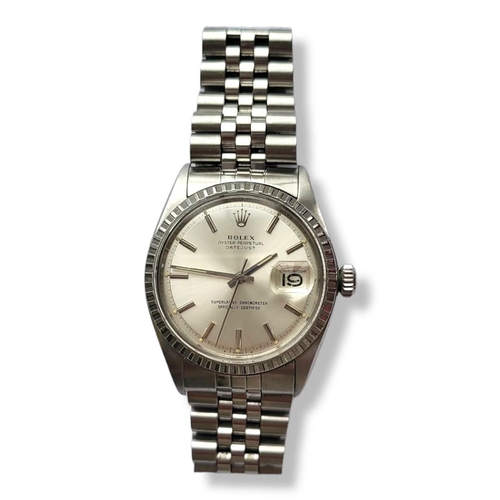 41 - ROLEX, DATEJUST, A VINTAGE  STAINLESS STEEL GENTS WRISTWATCH
Having a silver tone dial and calendar ... 