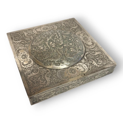 56 - A LATE 19TH CENTURY SQUARE PERSIAN WHITE METAL/SILVER CIGAR BOX AND COVER
Centrally embossed with Bi... 