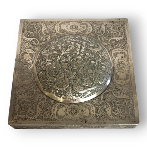 56 - A LATE 19TH CENTURY SQUARE PERSIAN WHITE METAL/SILVER CIGAR BOX AND COVER
Centrally embossed with Bi... 