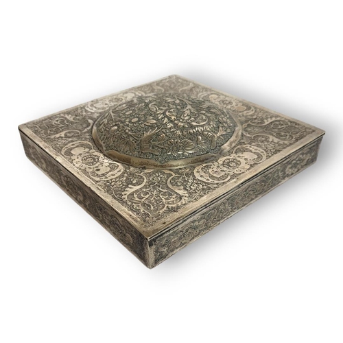 56 - A LATE 19TH CENTURY SQUARE PERSIAN WHITE METAL/SILVER CIGAR BOX AND COVER
Centrally embossed with Bi... 