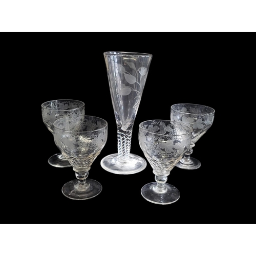 265 - A SET OF FIVE MID VICTORIAN SQUARE FOOTED WINE GOBLETS
Heavy glass crystal body, engraved with diamo... 