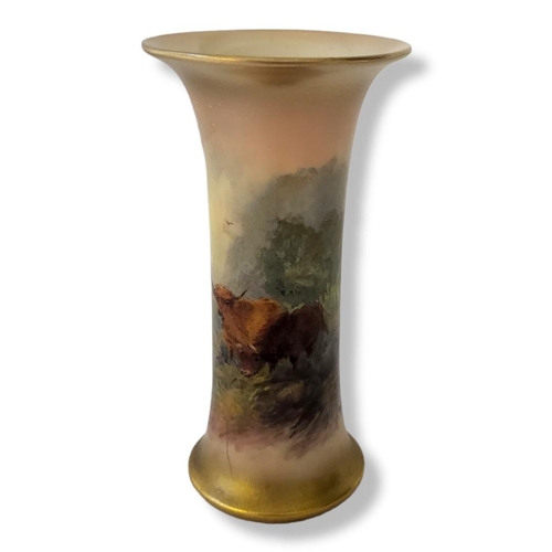 291 - HARRY STINTON FOR ROYAL WORCESTER, A LATE 19TH CENTURY BONE CHINA CYLINDRICAL SPILL VASE, CIRCA 1897... 