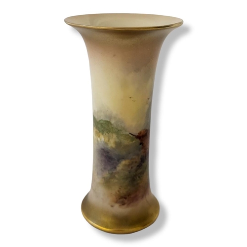 291 - HARRY STINTON FOR ROYAL WORCESTER, A LATE 19TH CENTURY BONE CHINA CYLINDRICAL SPILL VASE, CIRCA 1897... 