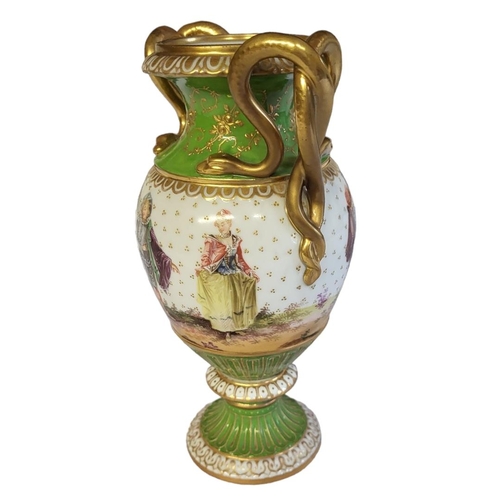 299 - AN EARLY 20TH CENTURY REICHMANNSDORF OF THURINGIA HARD PASTE PORCELAIN CABINET JEWELLED PEDESTAL VAS... 