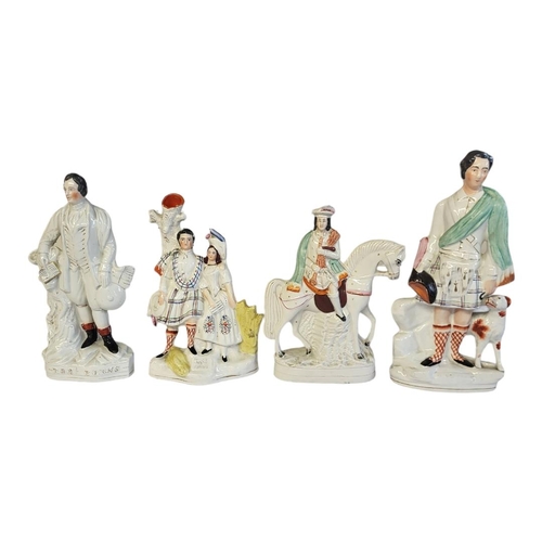 295 - A COLLECTION OF 19TH CENTURY STAFFORDSHIRE POTTERY FLATBACK FIGURES
To include equestrian Scottish f... 