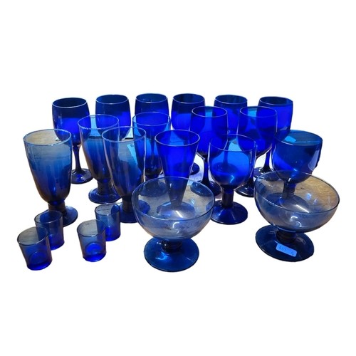 272 - A LARGE COLLECTION OF 20TH CENTURY BRISTOL BLUE GLASS PLATES, DRINKING GLASSES, CHEMIST BOTTLES, JAR... 