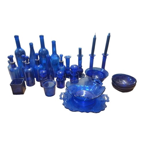 272 - A LARGE COLLECTION OF 20TH CENTURY BRISTOL BLUE GLASS PLATES, DRINKING GLASSES, CHEMIST BOTTLES, JAR... 