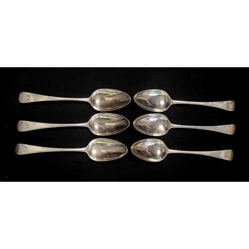 1 - A SET OF SIX GEORGIAN SILVER TABLESPOONS
Plain form with engraved family crest of an eagle, hallmark... 