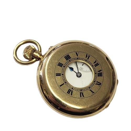 109 - AN EARLY 20TH CENTURY 18CT GOLD HALF HUNTER GENTS POCKET WATCH
Having blue enamel number markings, c... 