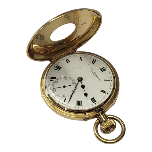 109 - AN EARLY 20TH CENTURY 18CT GOLD HALF HUNTER GENTS POCKET WATCH
Having blue enamel number markings, c... 