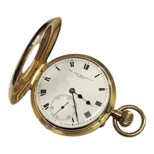 109 - AN EARLY 20TH CENTURY 18CT GOLD HALF HUNTER GENTS POCKET WATCH
Having blue enamel number markings, c... 