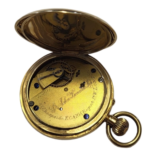 109 - AN EARLY 20TH CENTURY 18CT GOLD HALF HUNTER GENTS POCKET WATCH
Having blue enamel number markings, c... 