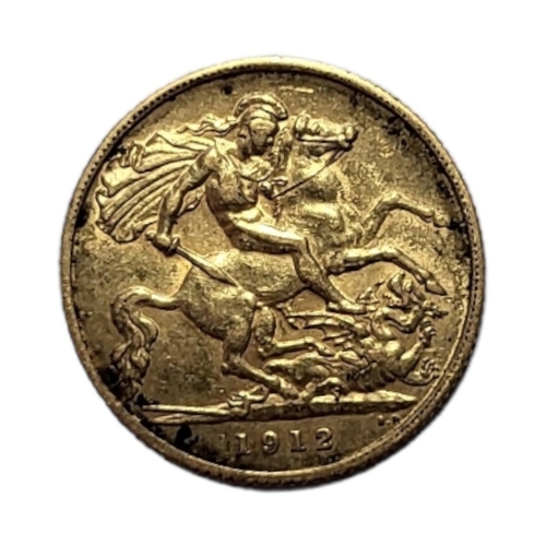 145 - A 22CT GOLD HALF SOVEREIGN COIN, GEORGE V, DATED 1912
With St. George and Dragon verso.