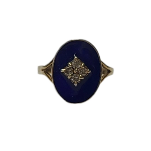 164 - AN EARLY 20TH CENTURY 9CT GOLD, DIAMOND AND ENAMEL RING
Oval form with four round cut diamonds on bl... 