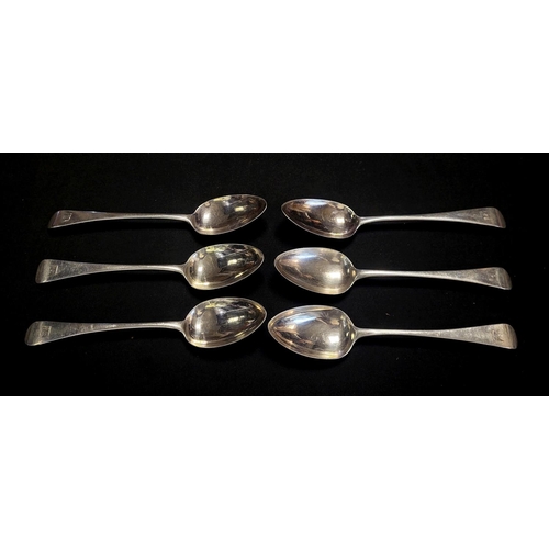 2 - A SET OF SIX GEORGIAN SILVER TABLESPOONS
Plain form with engraved family crest of an eagle, hallmark... 