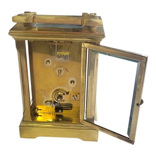 203 - MAPPIN AND WEBB, A 20TH CENTURY GILT BRASS CARRIAGE CLOCK
Having a single carry handle, white dial w... 