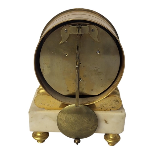 214 - A 19TH CENTURY GILT BRONZE AND MARBLE TIMEPIECE CLOCK
Barrel form case with Neoclassical decoration ... 