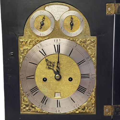 216 - JAMES TREGENT, 1781 - 1806, AN EBONISED WOOD AND BRASS DOUBLE FUSÉE PULL REPEAT BRACKET CLOCK
Having... 