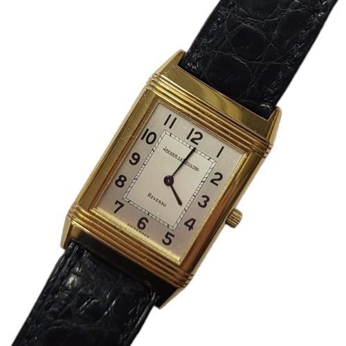 23 - JAEGER-LECOULTRE, AN 18CT GOLD REVERSO GENTS WRISTWATCH
Rectangular form stepped case with reversibl... 