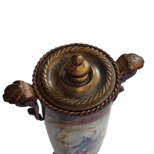 235 - AN 18TH/EARLY 19TH CENTURY SEVRES STYLE HARD PASTE PORCELAIN MINIATURE ORMOLU MOUNTED VASE AND COVER... 