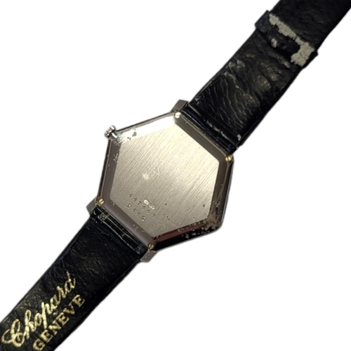 27 - CHOPARD, AN 18CT WHITE GOLD GENT’S WRISTWATCH
Hexagonal form silver tone dial and black leather stra... 