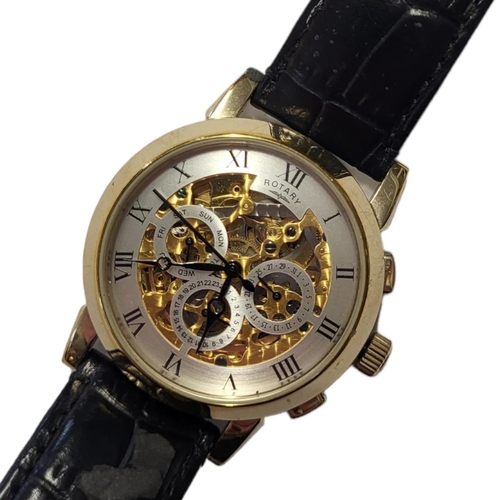 29 - ROTARY, A GOLD PLATED SKELETON TRIPLE DATE GENTS WRISTWATCH
Having three subsidiary dials and glass ... 