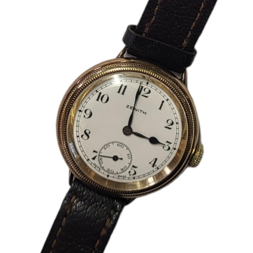 36 - ZENITH, AN EARLY 20TH CENTURY 9CT GOLD GENT’S WRISTWATCH
Circular form with screw bezel and subsidia... 